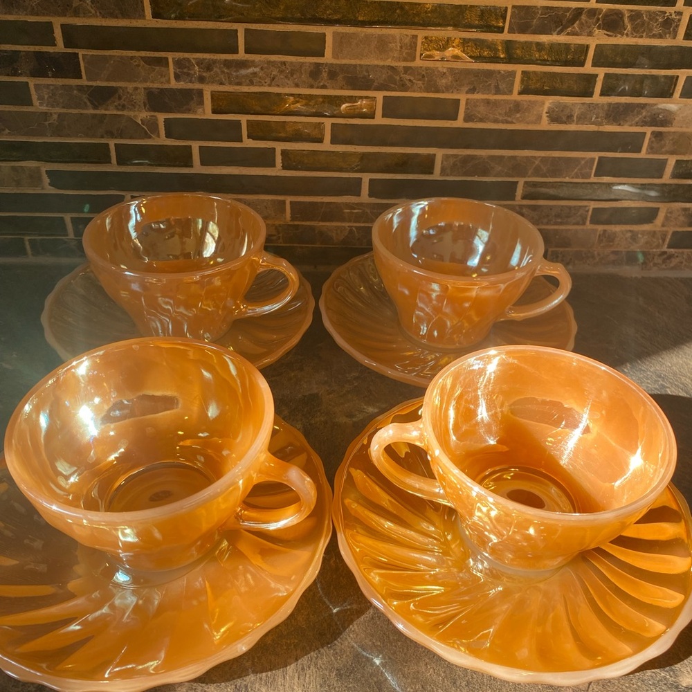 Vintage Marigold  Orange Glass Tea Cup and Saucer Set - 4-Piece Anchor Hocking